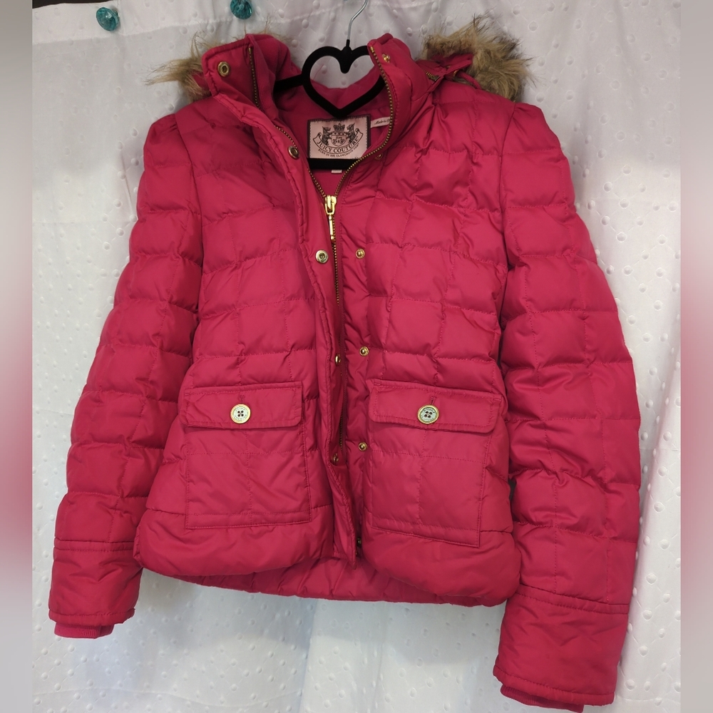 Juicy Couture Pink Puffer Coat Vintage Y2K Size S Removable Fur Rare Baddie EUC